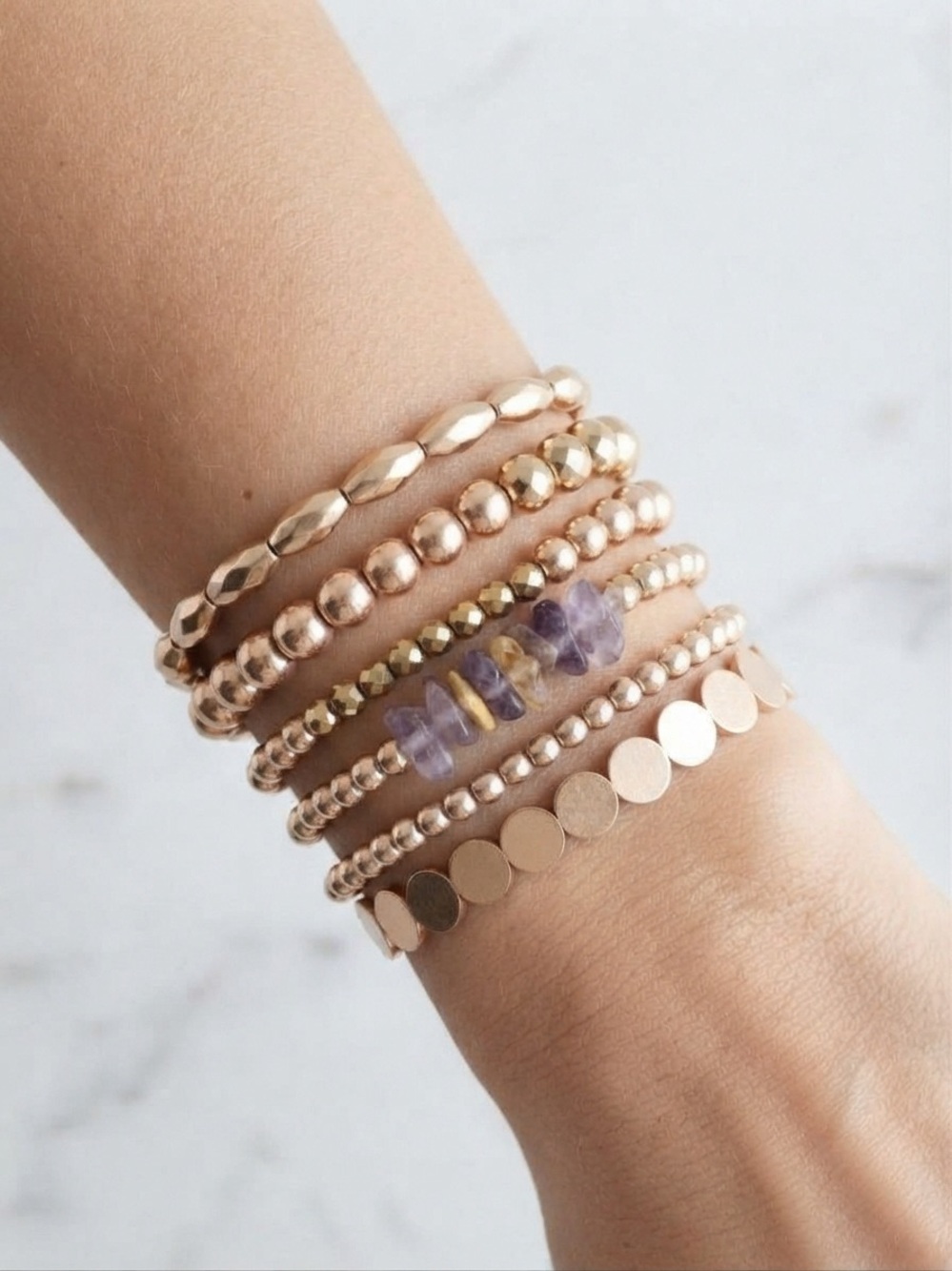 Floveton Gold Beaded Bracelet Stack with Earthy Jasper Crystals - 6pc Set